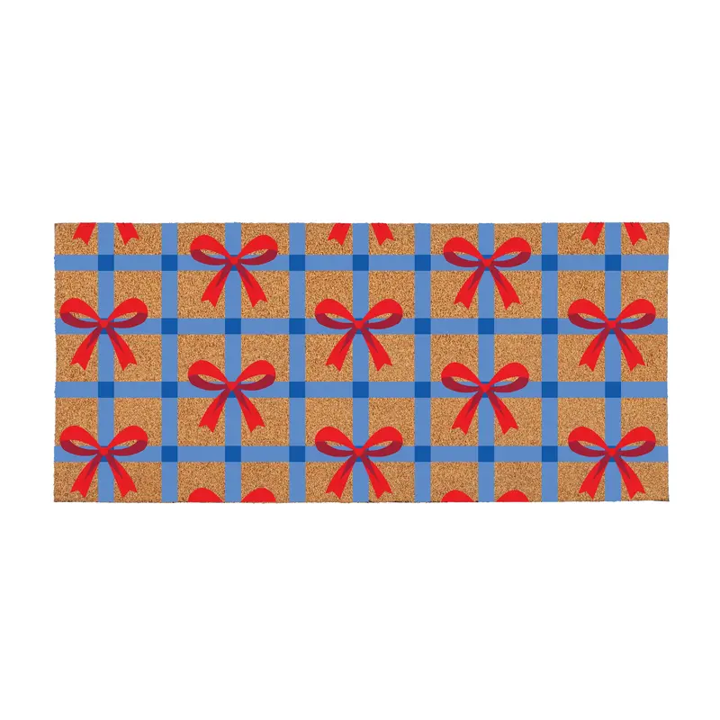 American Classic Red White & Bows Flocked Coir Sassafras Switch Mat, Patriotic Plaid, 22"x10"