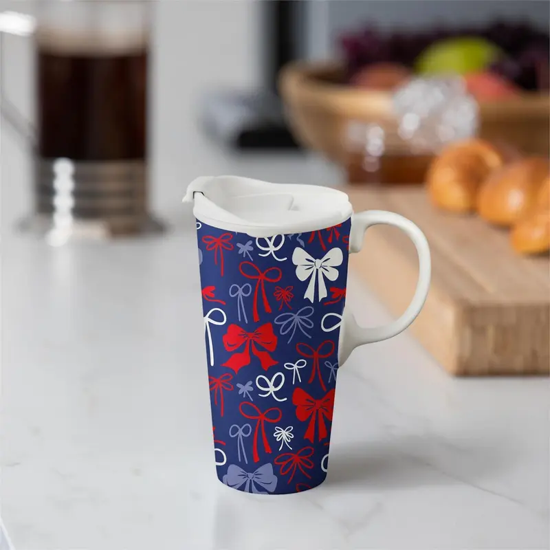 American Classic Red, White, & Bows Travel Cup Ceramic Perfect, 17oz, Gift Box