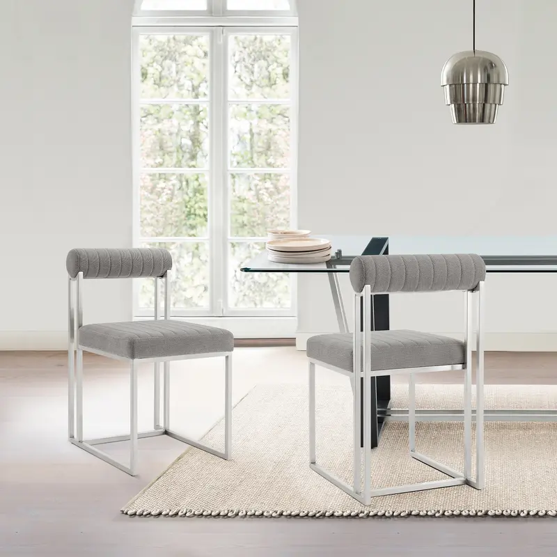 Anastasia Dining Chair with Brushed Stainless Steel and Light Gray Fabric - Set of 2 By Armen Living