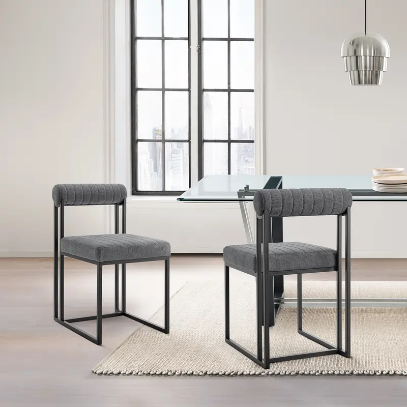 Anastasia Dining Chair with Matte Black Iron and Anchor Gray Fabric - Set of 2 By Armen Living