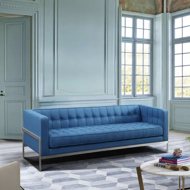 Andre Contemporary Sofa in Brushed Stainless Steel and Blue Fabric By Armen Living