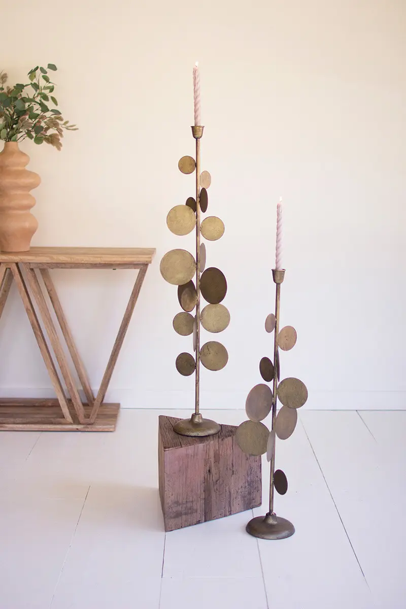 Antique Brass Candle Holders With Round Discs Detail Set Of 2 By Kalalou