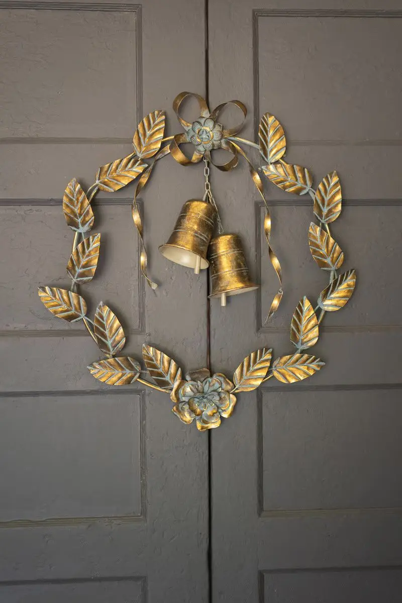 Antique Brass Christmas Door Wreath Leaves And Bells (Min 2) By Kalalou
