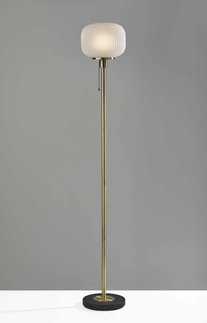 Antique Brass Metal Floor Lamp with Striped Glass Glow Globe By Homeroots