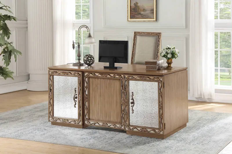 Antique Gold Wood Glass Mirror Eecutive Desk By Homeroots