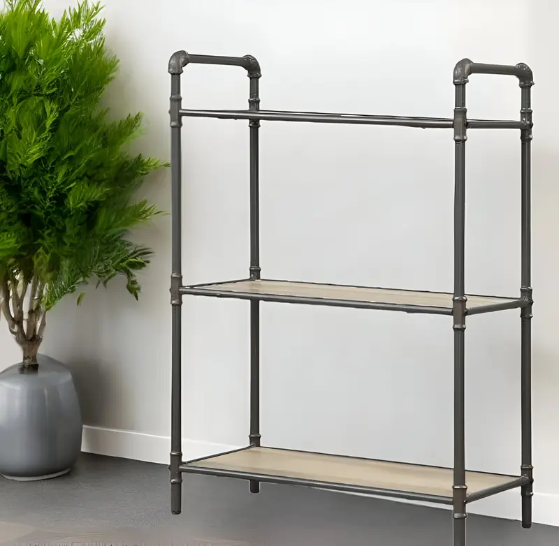Antique Oak and Sandy Gray Metal Three Tier Standard Bookcase By Homeroots