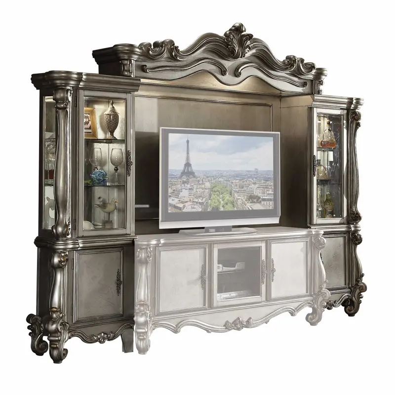 Antique Platinum Wood Poly Resin Glass Entertainment Center By Homeroots