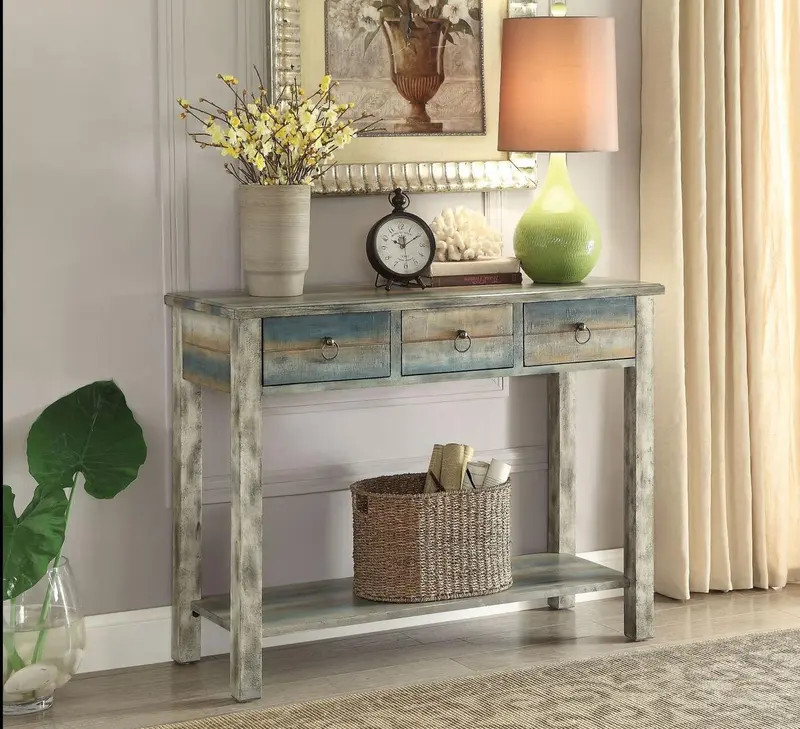 Antique White And Teal Wooden Console Table By Homeroots