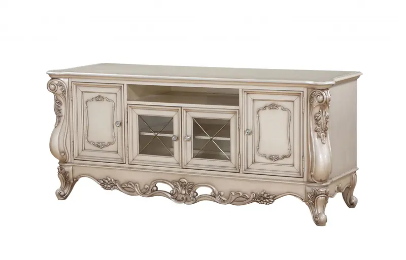 Antique White Wood Glass Poly-Resin TV Stand By Homeroots