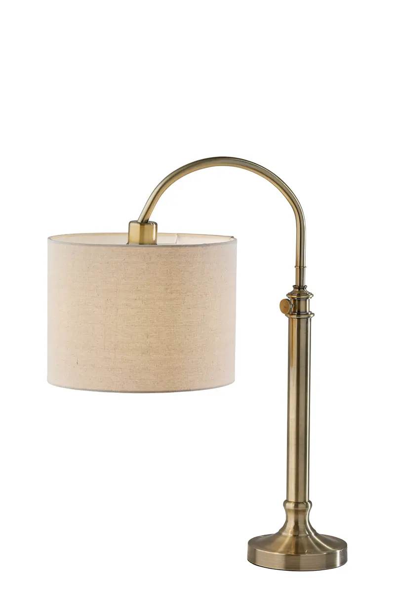 Antiqued Brass Metal Adjustable Arched Lamp With Beige Drum Shade By Homeroots