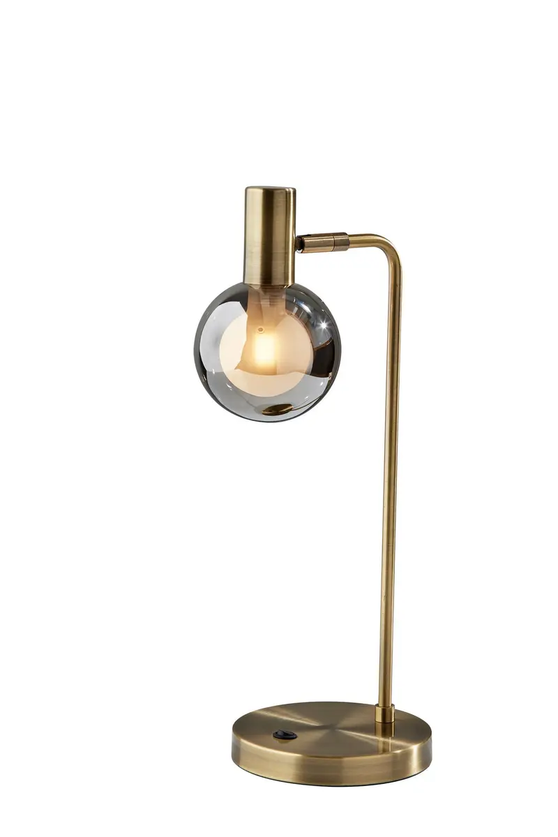 Antiqued Brass Metal Cylinder Desk Table Lamp With Gray Globe Shade With Starling LED Bulb By Homeroots