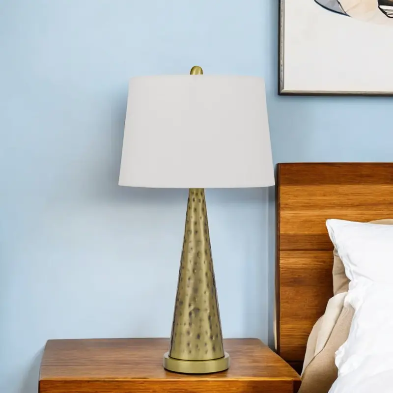 Antiqued Brass Metal Geometric Table Lamp With White Empire Shade By Homeroots