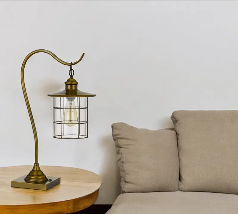 Antiqued Brass Metal Lantern Desk Lamp With Antiqued Brass Drum Shade By Homeroots