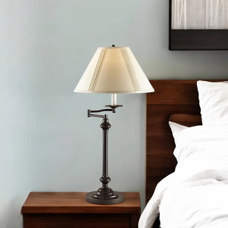Antiqued Bronze Metal Swing Arm Table Lamp With Off White Empire Shade By Homeroots