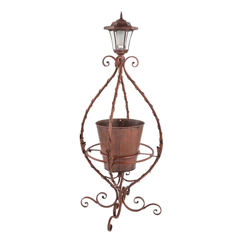 Antiqued Wrought Iron Plant Stand with Solar Light,8pmtl225