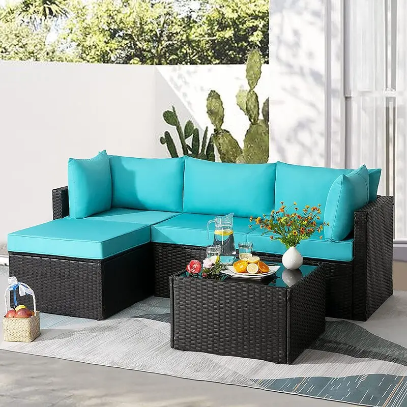 Aqua and Brown Wicker L Shape Three Piece Sofa Set By Homeroots