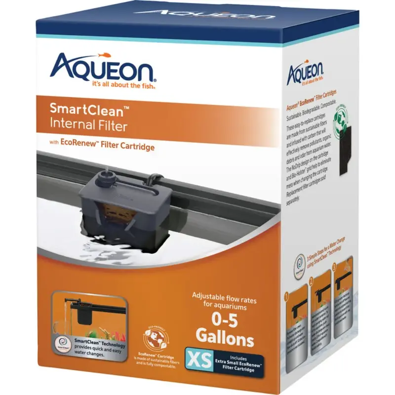 Aqueon QuietFlow SmartClean Internal Power Filter XS for 0 to 5 Gallon Aquariums 35 GPH with EcoRenew Cartridge
