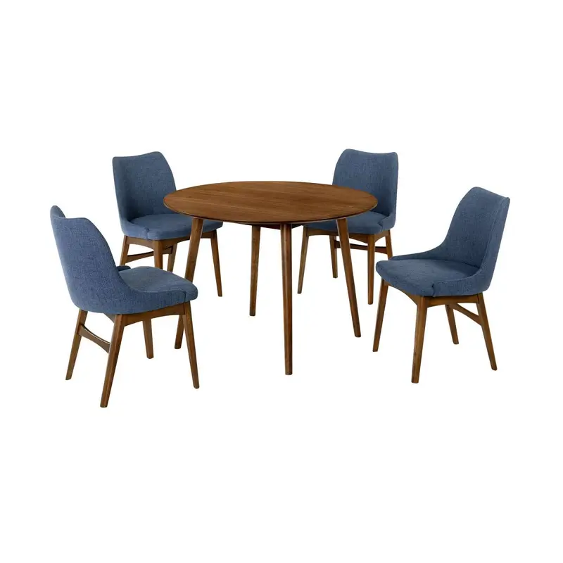 Arcadia and Azalea 42" Round Blue and Walnut Wood 5 Piece Dining Set By Armen Living