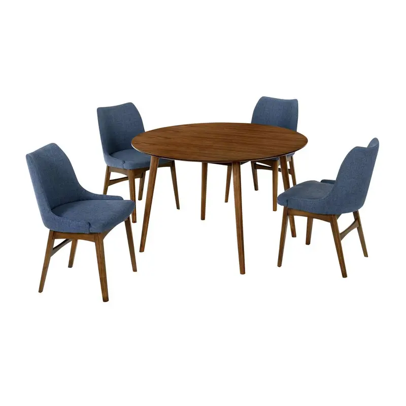 Arcadia and Azalea 48" Round Blue and Walnut Wood 5 Piece Dining Set By Armen Living