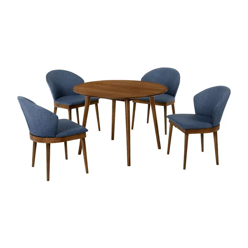 Arcadia and Juno 42" Round Blue and Walnut Wood 5 Piece Dining Set By Armen Living