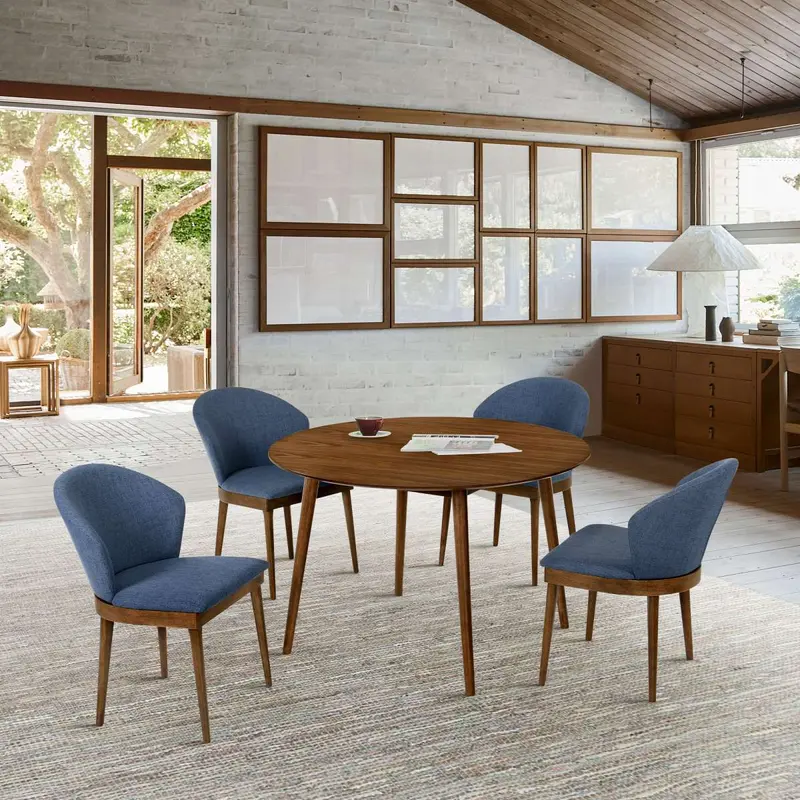 Arcadia and Juno 48" Round Blue and Walnut Wood 5 Piece Dining Set By Armen Living