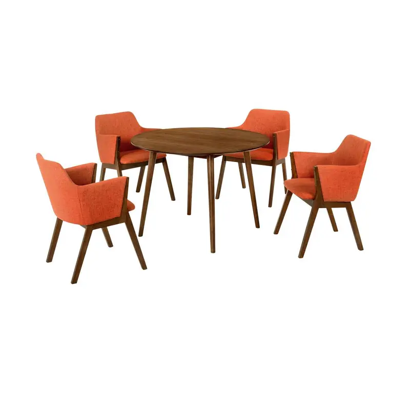 Arcadia and Renzo 42" Round Orange and Walnut Wood 5 Piece Dining Set By Armen Living