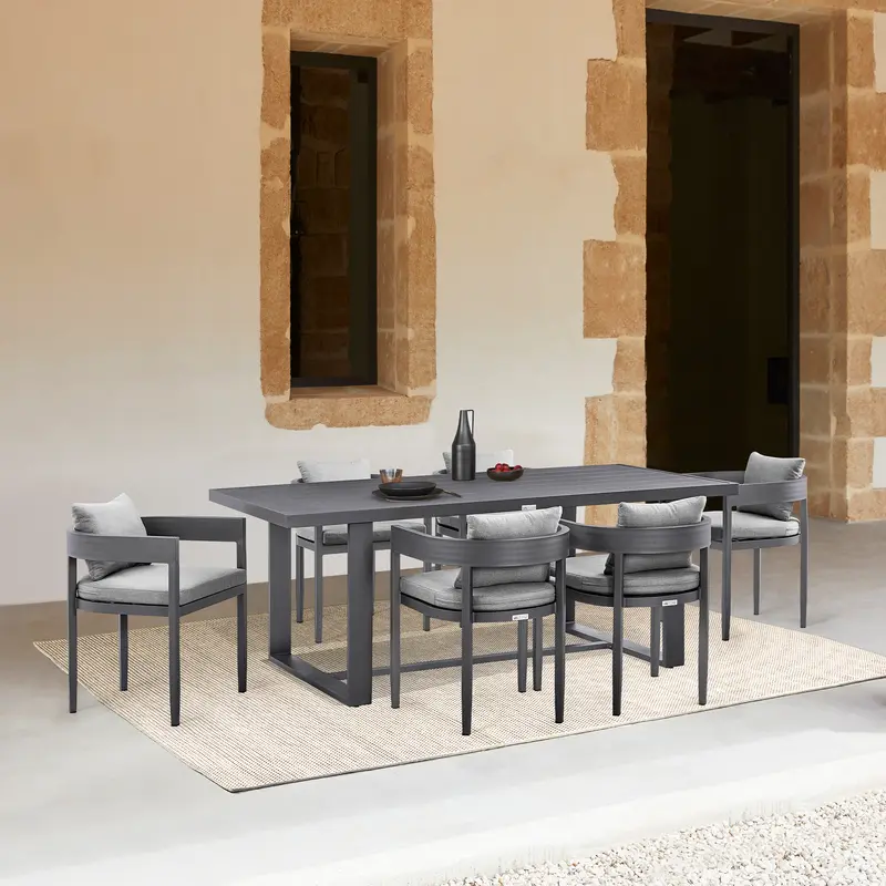 Argiope Outdoor Patio 7-Piece Dining Table Set in Aluminum with Grey Cushions By Armen Living