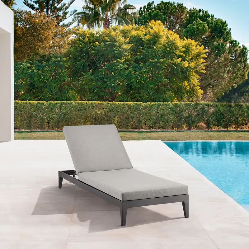 Argiope Outdoor Patio Adjustable Chaise Lounge Chair in Aluminum with Grey Cushions By Armen Living