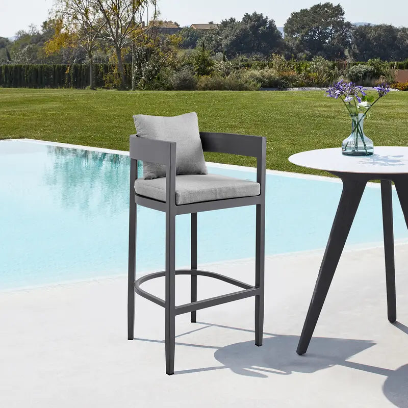 Argiope Outdoor Patio Counter Height Bar Stool in Aluminum with Grey Cushions By Armen Living