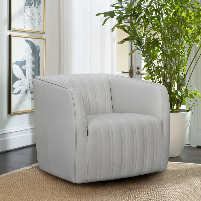 Aries Dove Gray Genuine Leather Swivel Barrel Chair By Armen Living