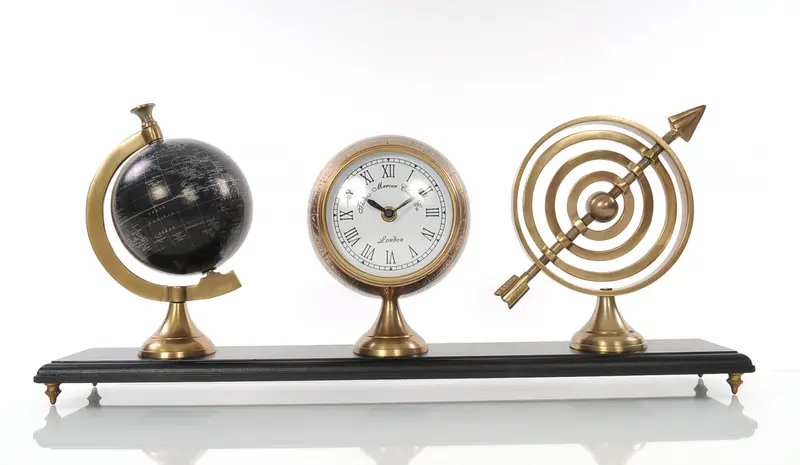 Armillery Clock and Globe On Wood Base By Homeroots