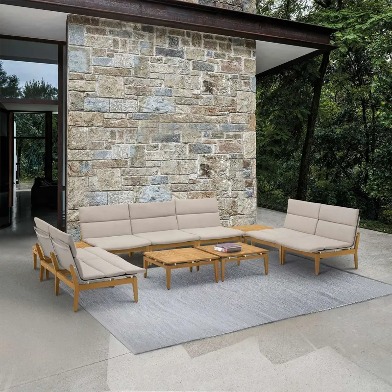 Arno Outdoor 11 Piece Teak Wood Seating Set in Beige Olefin By Armen Living