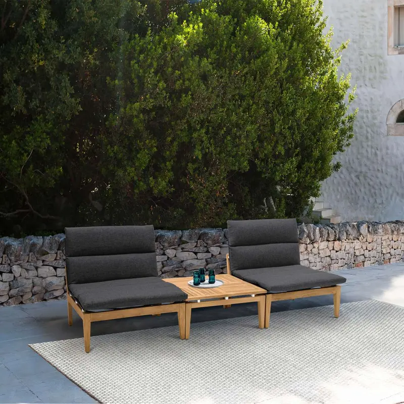 Arno Outdoor 3 Piece Teak Wood Seating Set in Charcoal Olefin By Armen Living