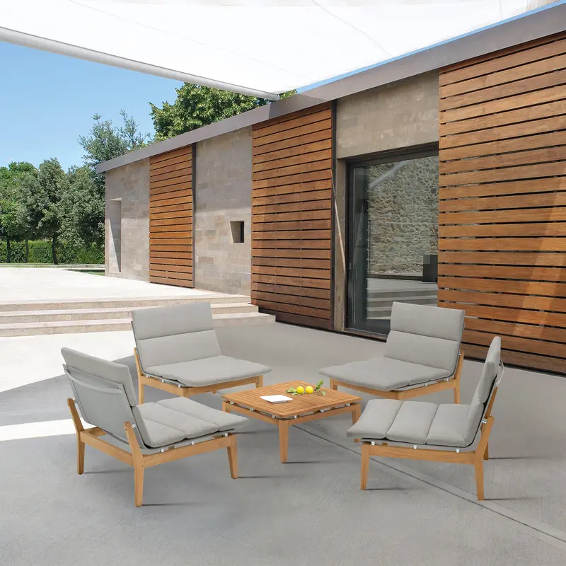 Arno Outdoor 5 Piece Teak Wood Seating Set in Beige Olefin By Armen Living