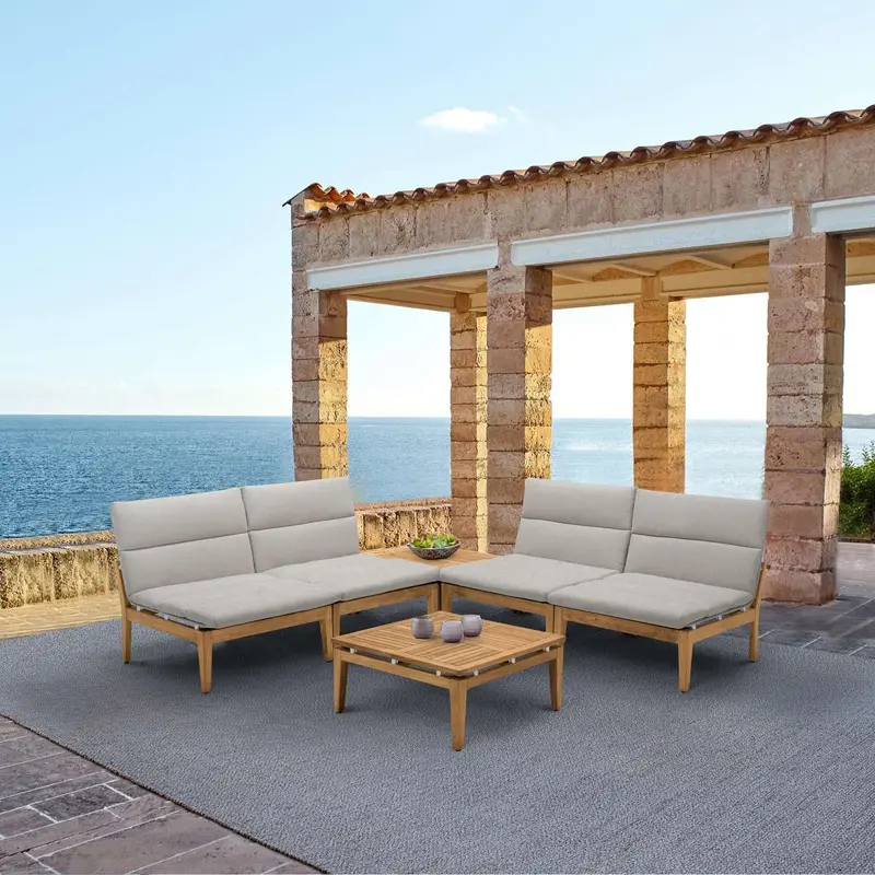 Arno Outdoor 6 Piece Teak Wood Seating Set in Beige Olefin By Armen Living