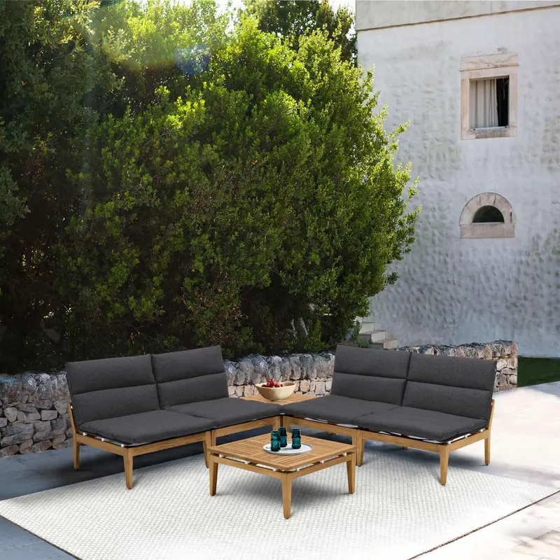 Arno Outdoor 6 Piece Teak Wood Seating Set in Charcoal Olefin By Armen Living