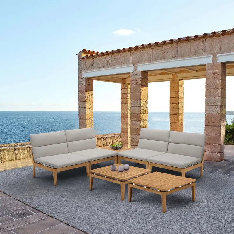 Arno Outdoor 7 Piece Teak Wood Seating Set in Beige Olefin By Armen Living