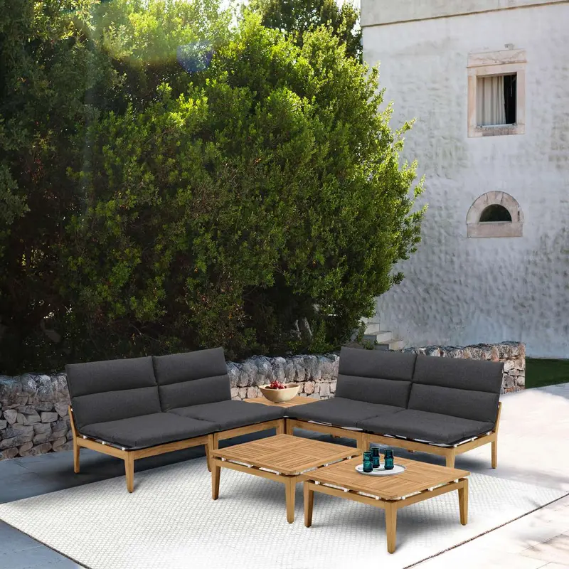 Arno Outdoor 7 Piece Teak Wood Seating Set in Charcoal Olefin By Armen Living