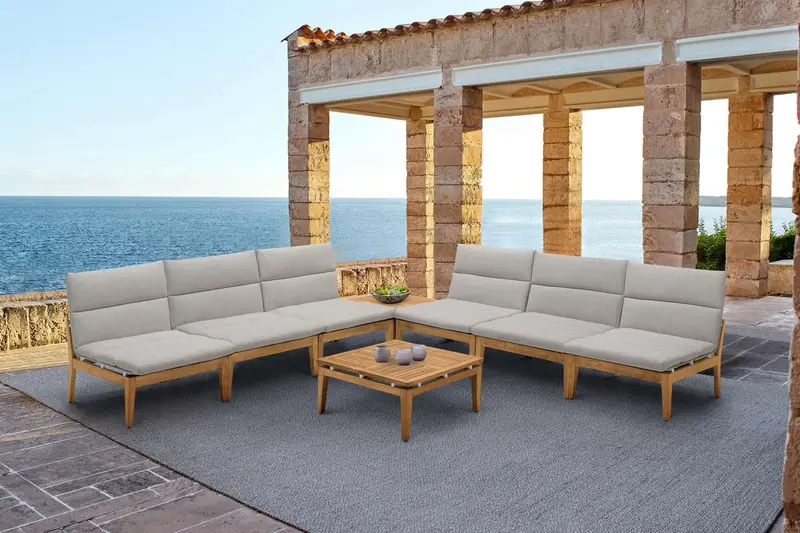Arno Outdoor 8 Piece Teak Wood Seating Set in Beige Olefin By Armen Living