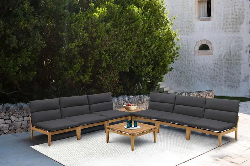 Arno Outdoor 8 Piece Teak Wood Seating Set in Charcoal Olefin By Armen Living