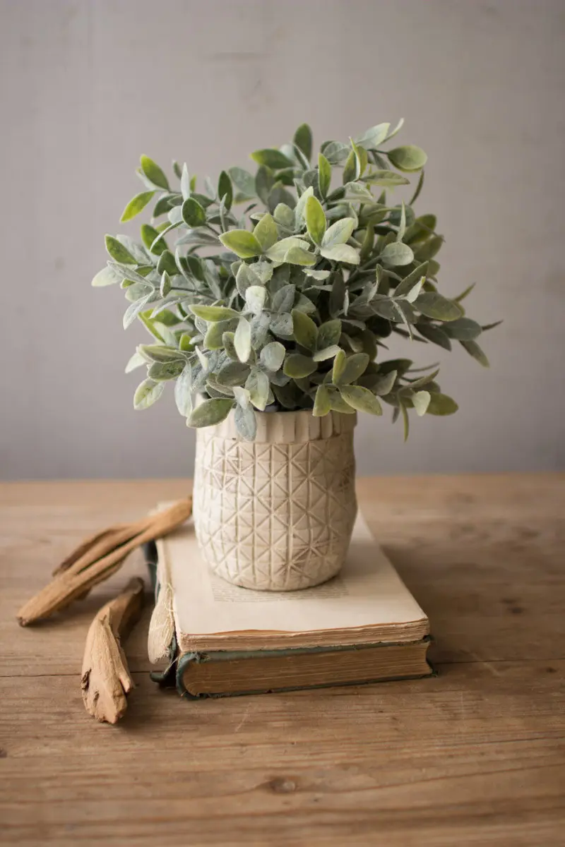 Artificial Sage With Criss Cross Rustic White Pot (Min 4) By Kalalou