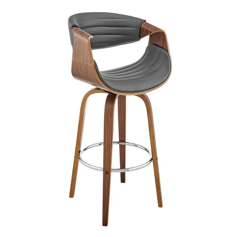 Arya 30" Swivel Bar Stool in Gray Faux Leather and Walnut Wood By Armen Living