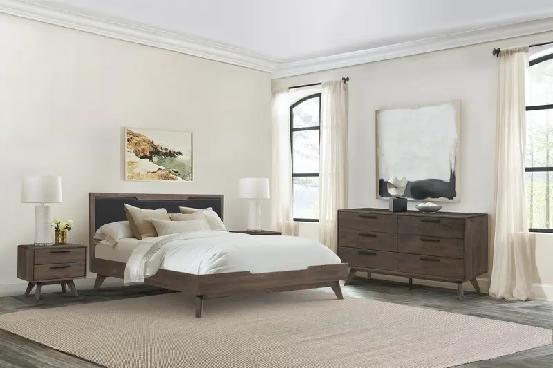 Astoria 4 Piece King Bedroom Set in Oak with Black Faux Leather By Armen Living