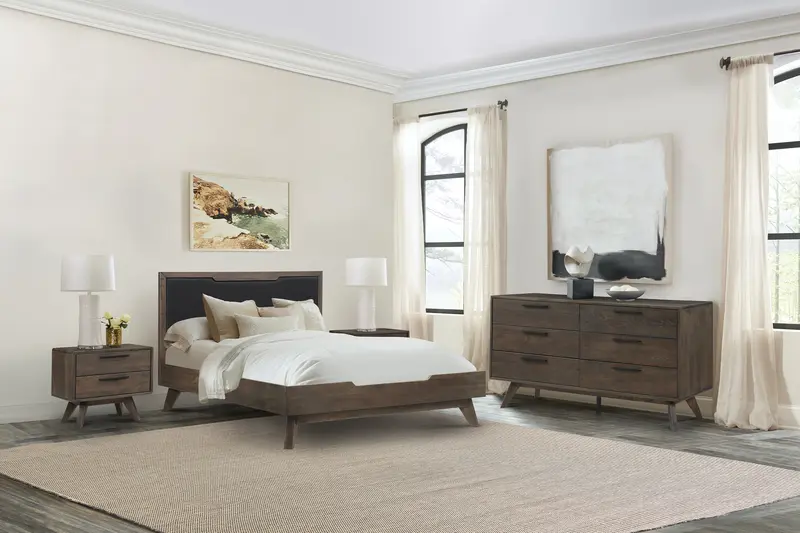 Astoria 4 Piece Queen Bedroom Set in Oak with Black Faux Leather By Armen Living