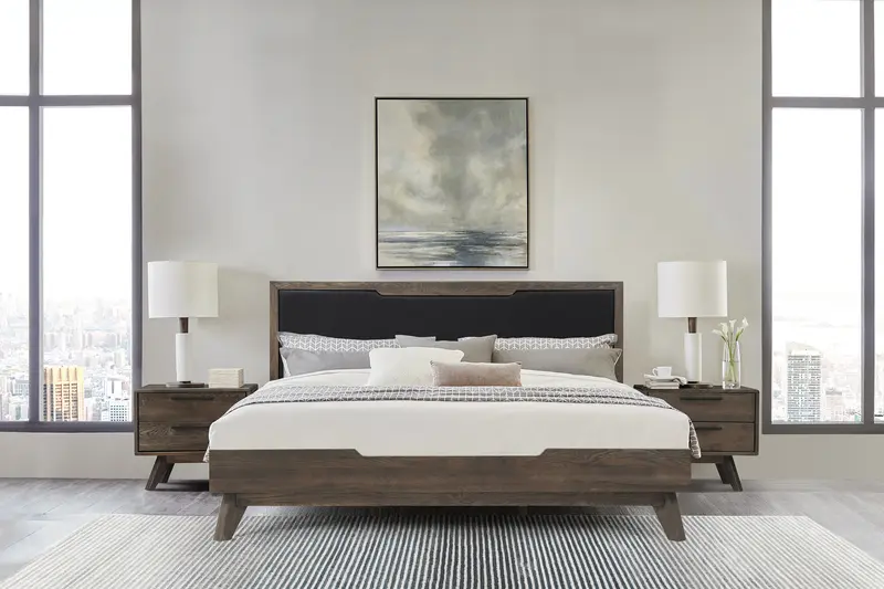Astoria King Platform Bed Frame in Oak with Black Faux Leather By Armen Living