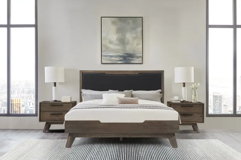 Astoria Queen Platform Bed Frame in Oak with Black Faux Leather By Armen Living