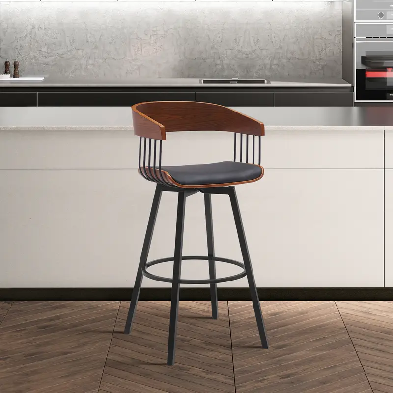 Athena 27" Swivel Walnut Wood Counter Stool in Black Faux Leather with Black Metal By Armen Living