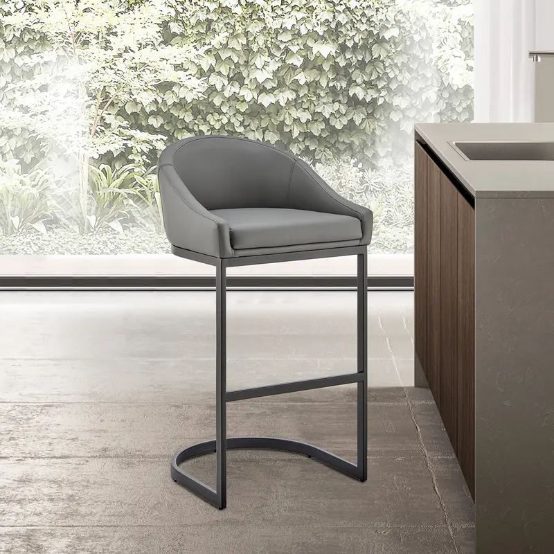 Atherik Counter Stool in Black Metal with Grey Faux Leather By Armen Living