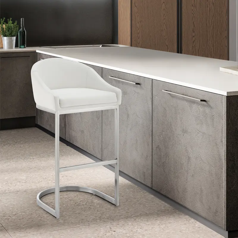 Atherik Counter Stool in Brushed Stainless Steel with White Faux Leather By Armen Living