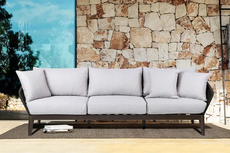 Athos Indoor Outdoor 3 Seater Sofa in Dark Eucalyptus Wood with Latte Rope and Grey Cushions By Armen Living